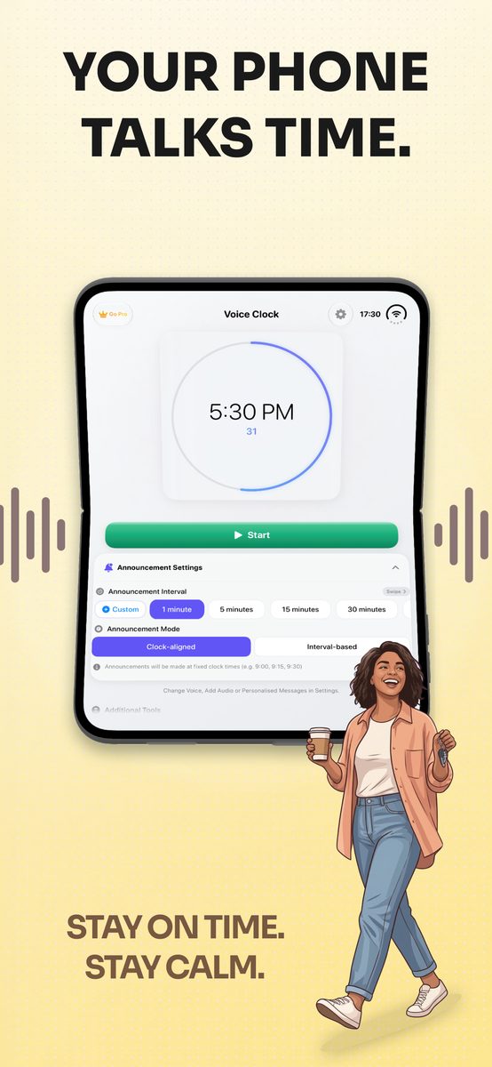 Your phone talks time: Voice Clock on an open foldable iPhone. Stay on time, stay calm