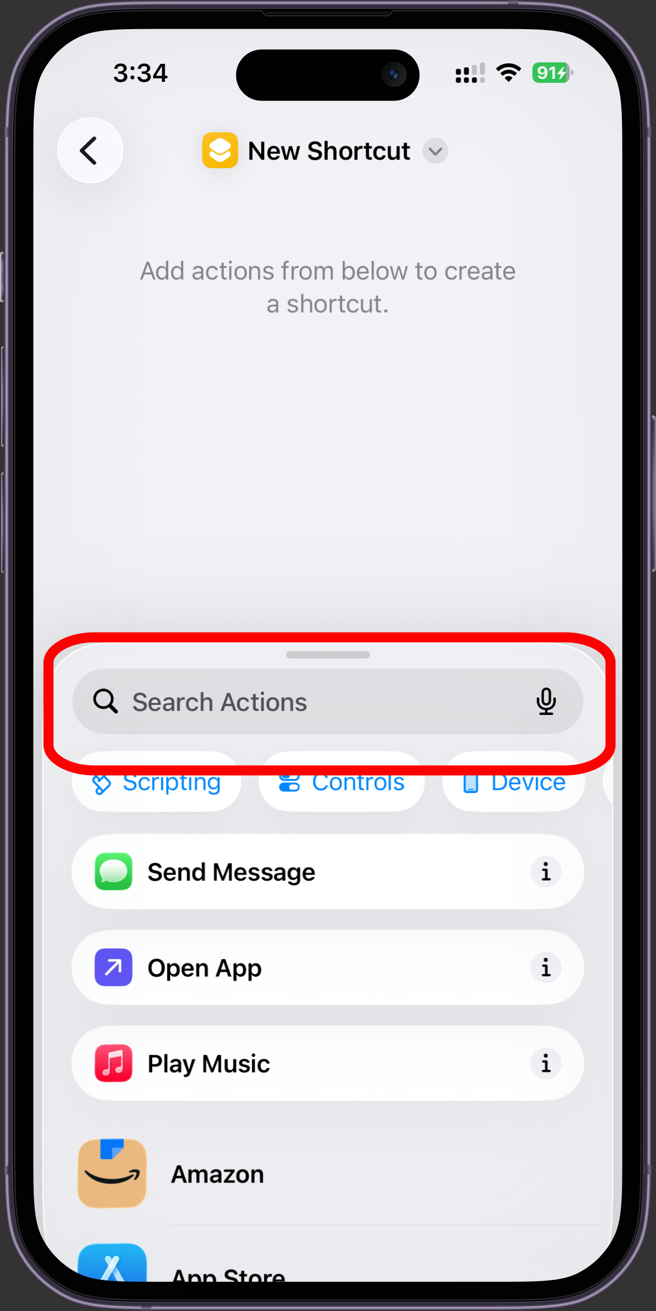 A new shortcut screen with Search Actions highlighted at the bottom.