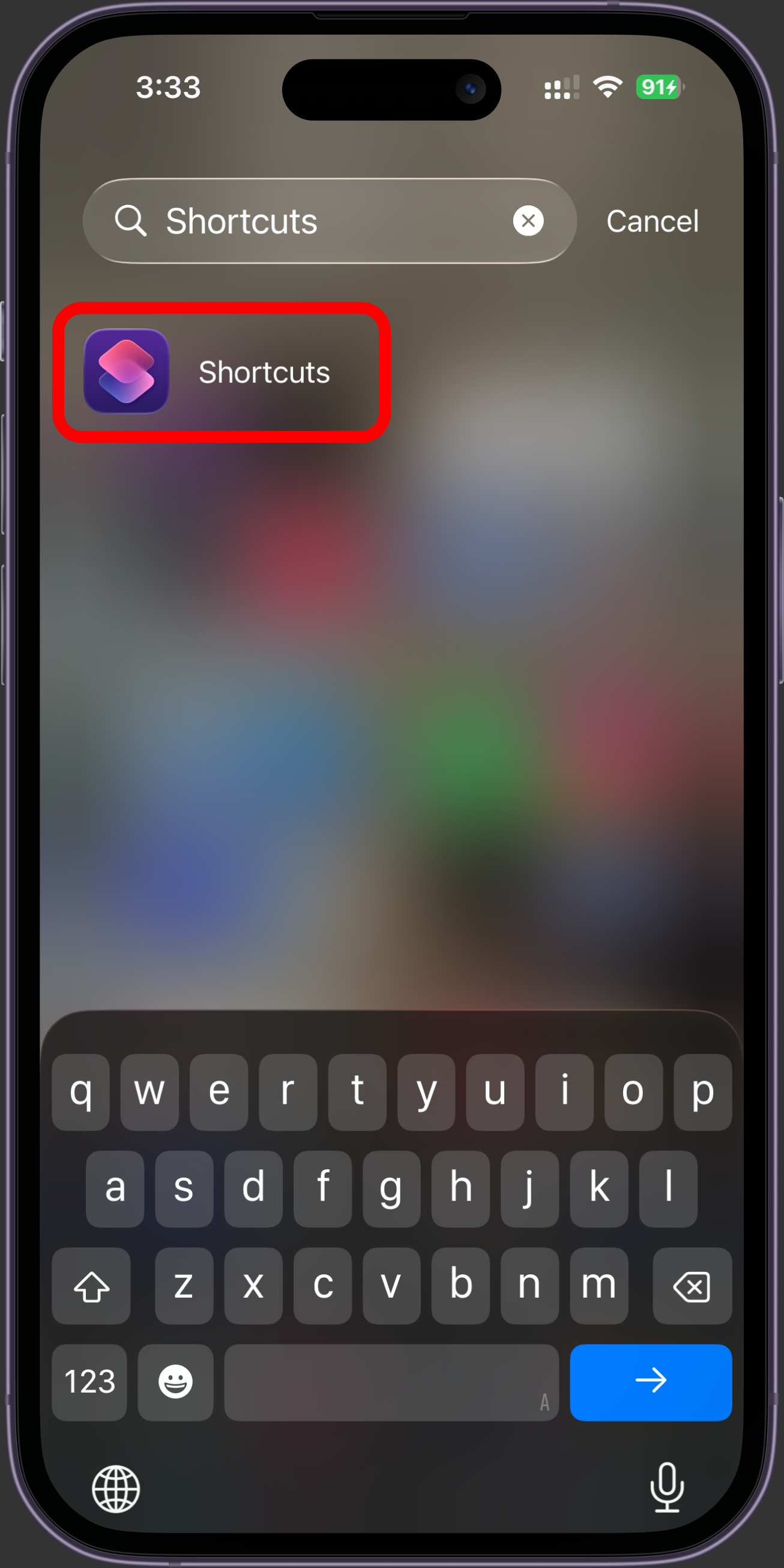 Searching for the Shortcuts app in the iPhone App Library.