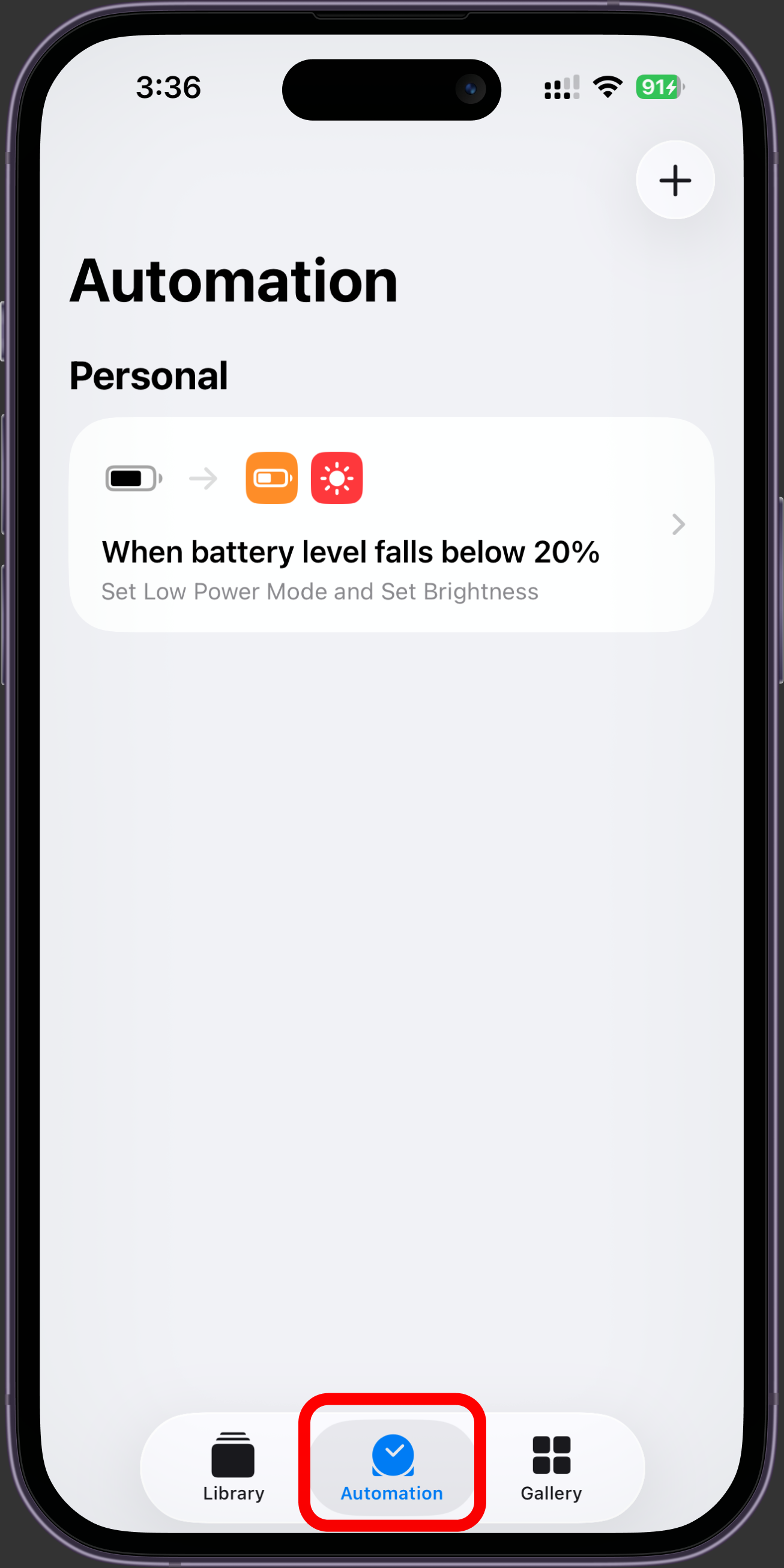 The Automation tab in Shortcuts with the plus button in the top-right corner.