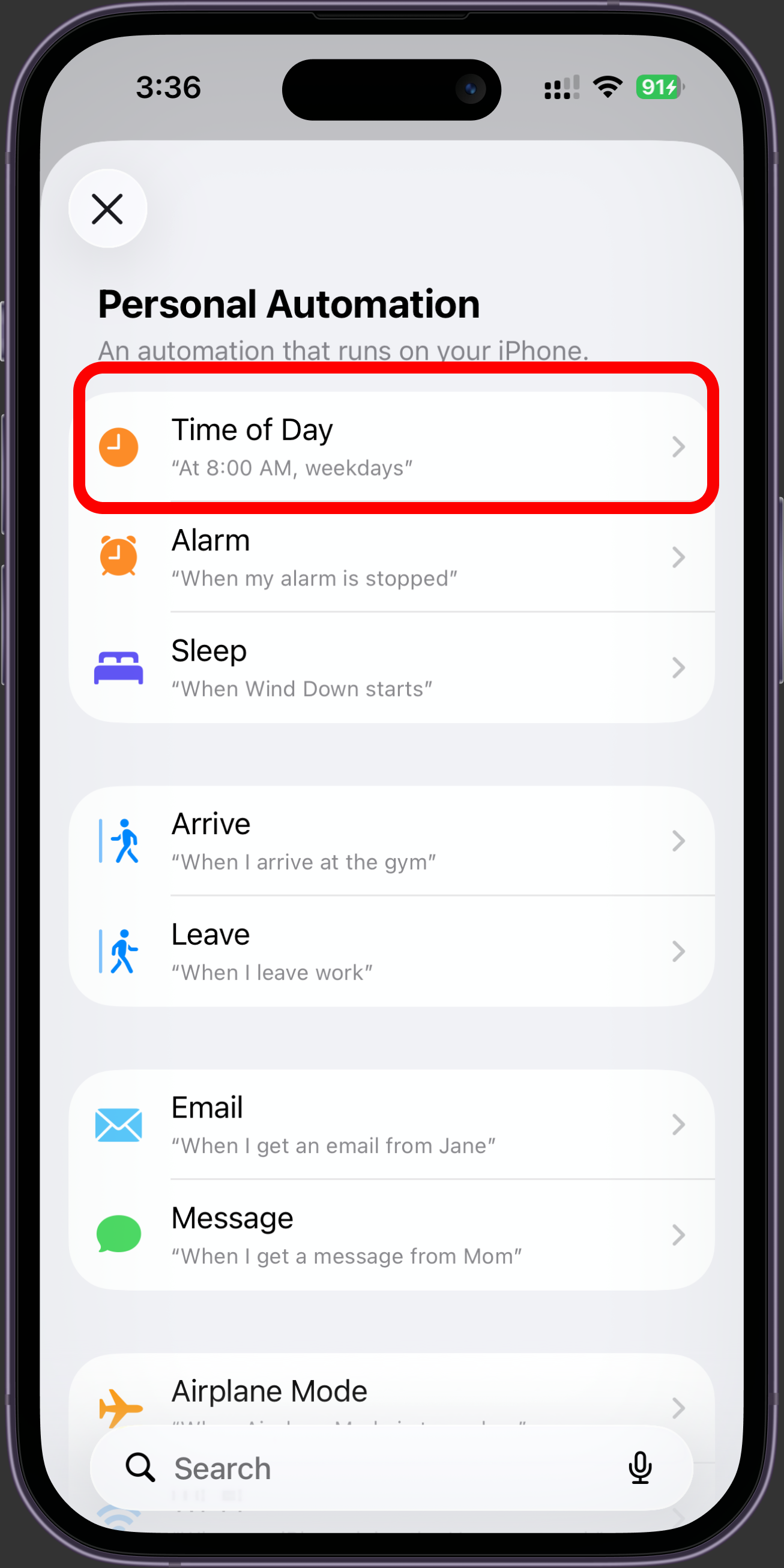 The Personal Automation trigger list in Shortcuts.
