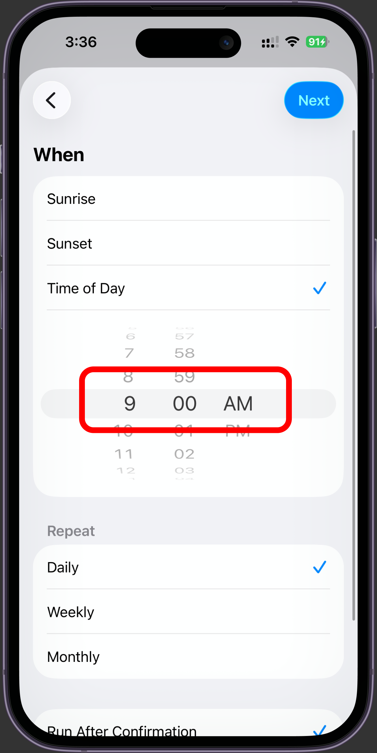 Choosing a time of day and daily repeat schedule for an automation.