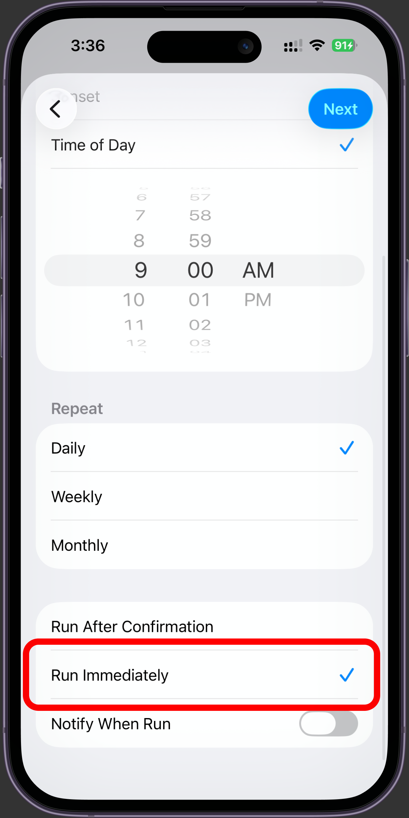 The automation settings with Run Immediately selected.