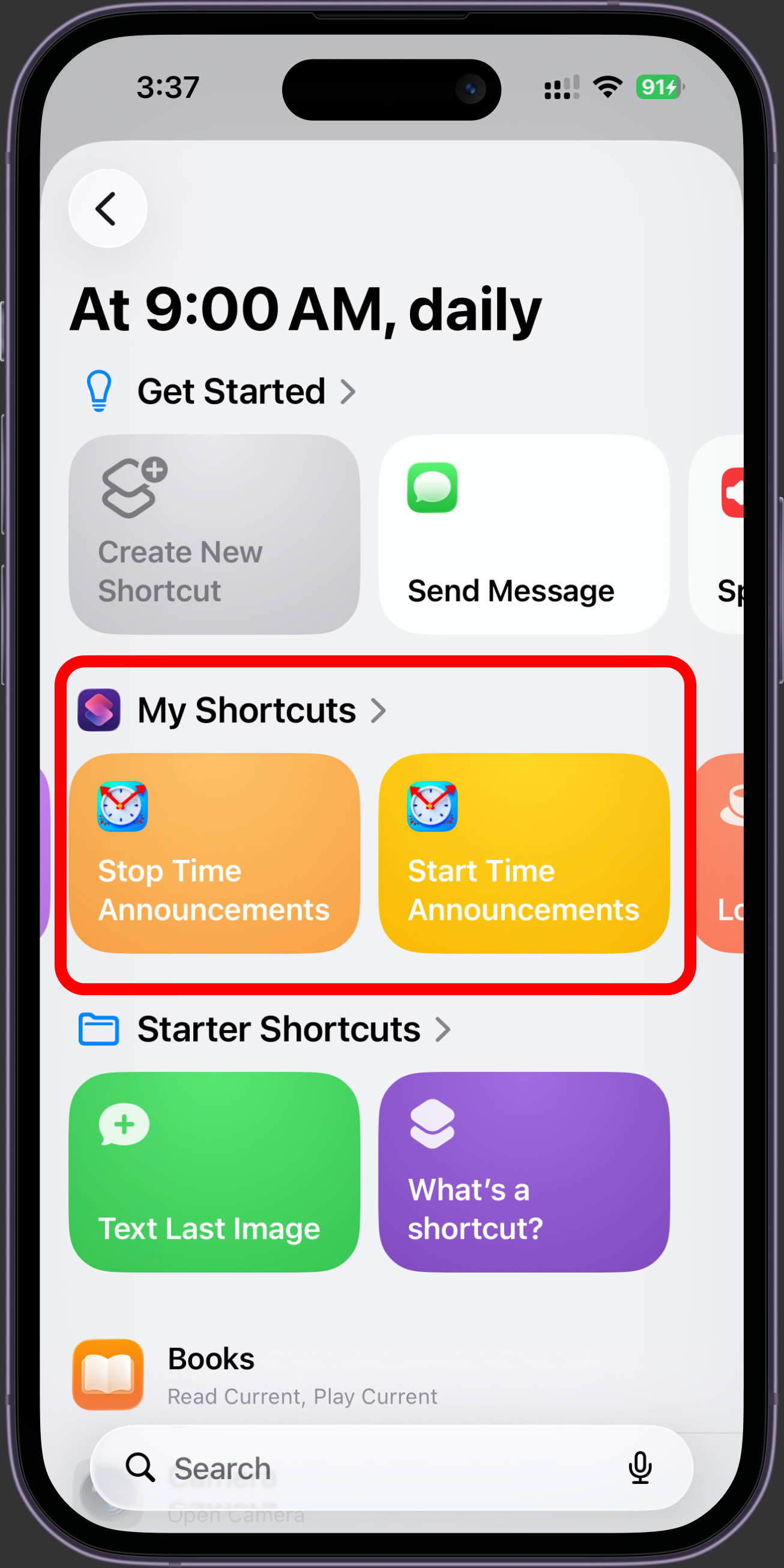 Selecting Start Time Announcements from My Shortcuts for a daily automation.