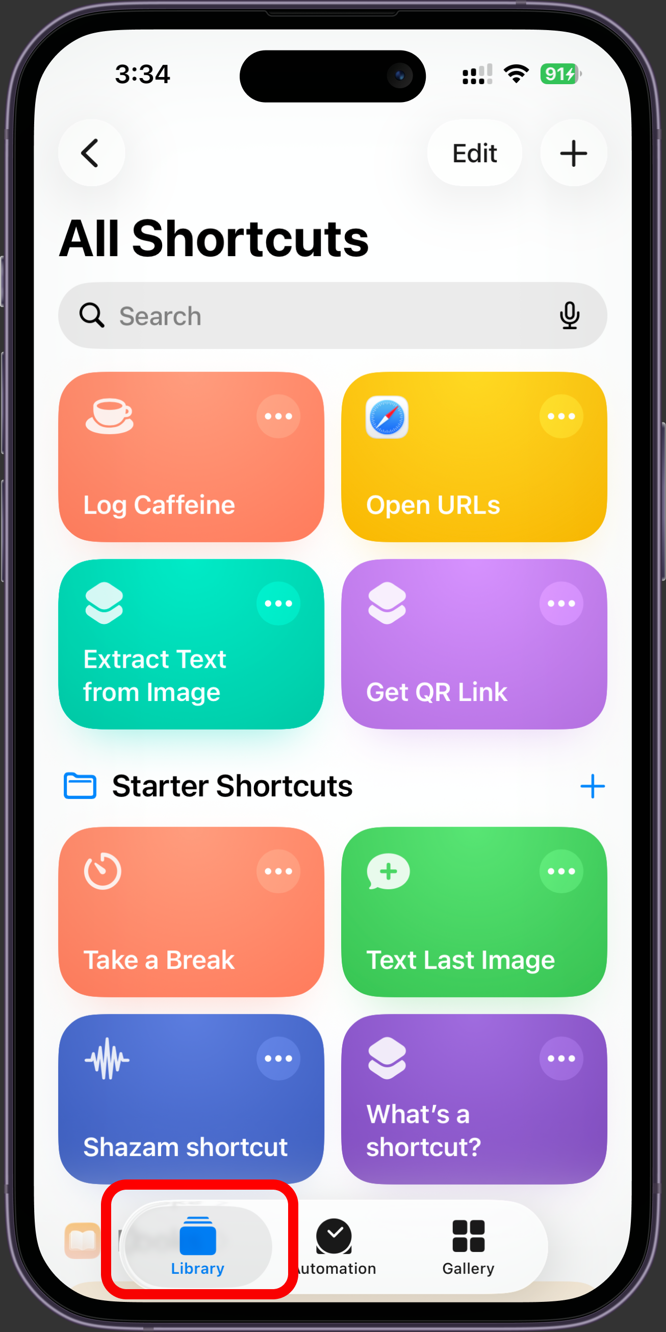 The Shortcuts Library screen with the plus button in the top-right corner.