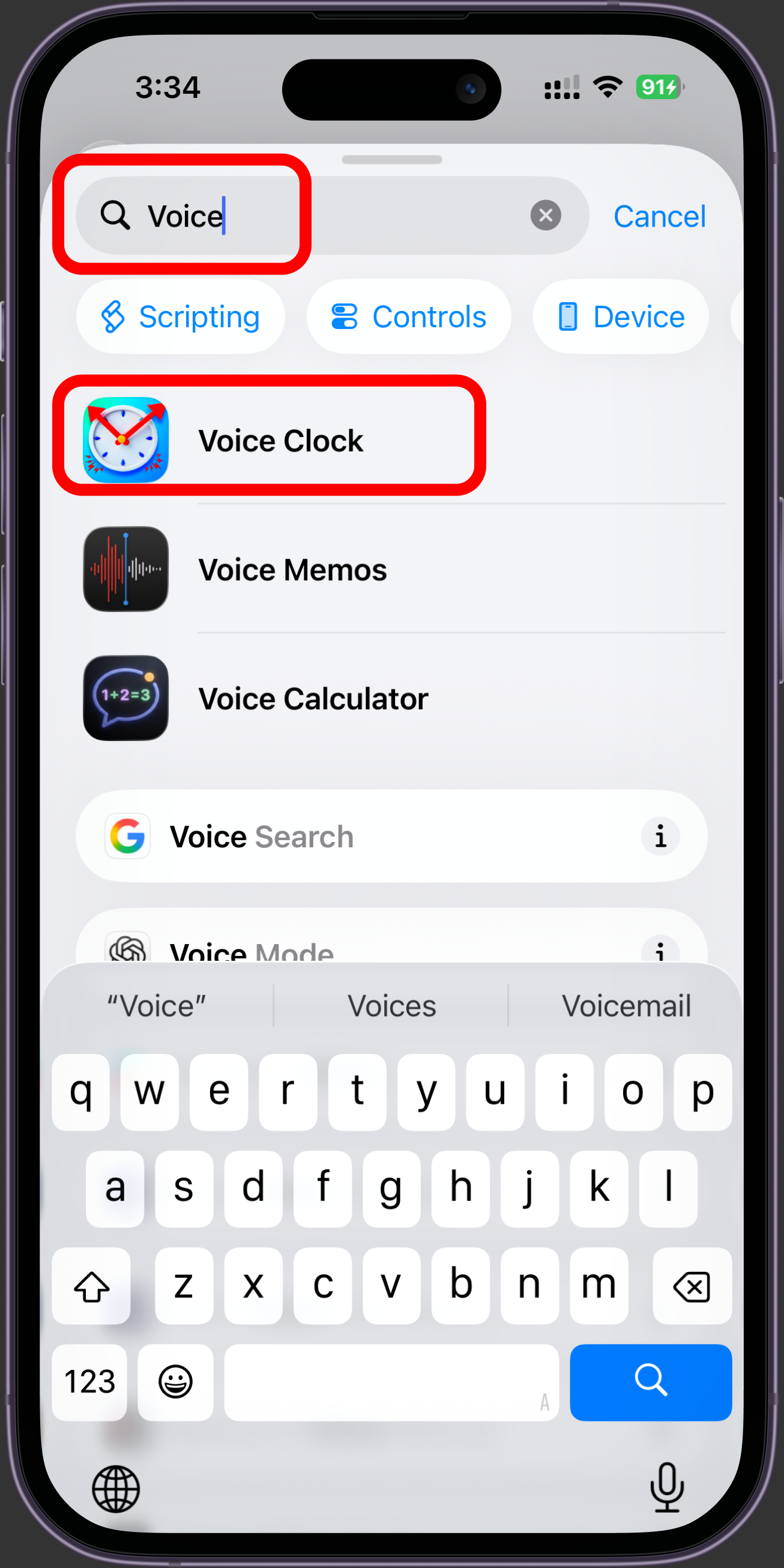 Voice Clock appearing in the Search Actions results.