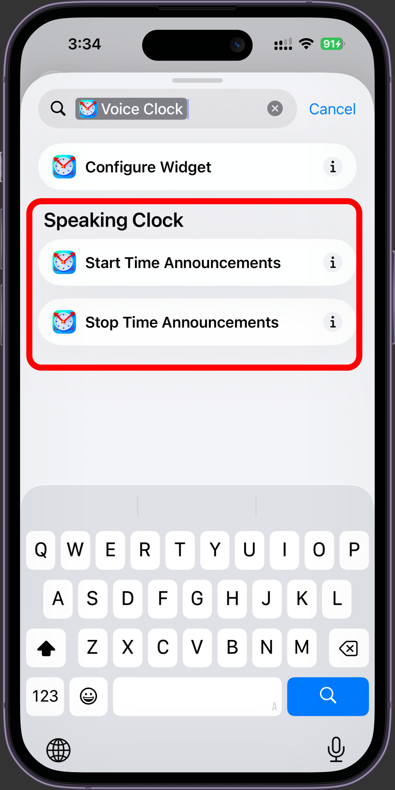 Voice Clock actions including Start Time Announcements and Stop Time Announcements.