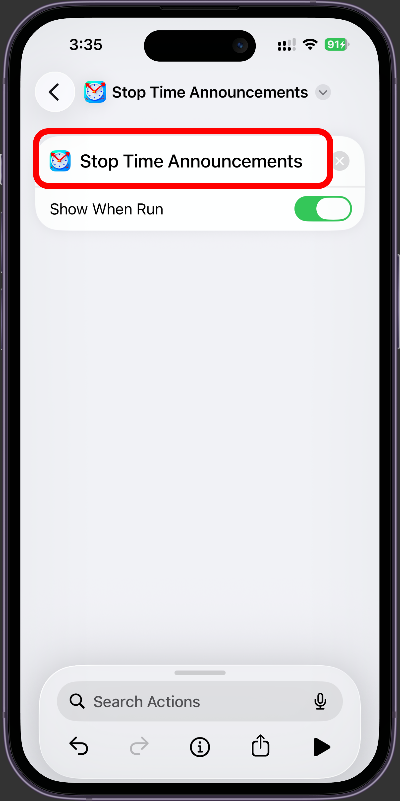 The Stop Time Announcements action in a shortcut.