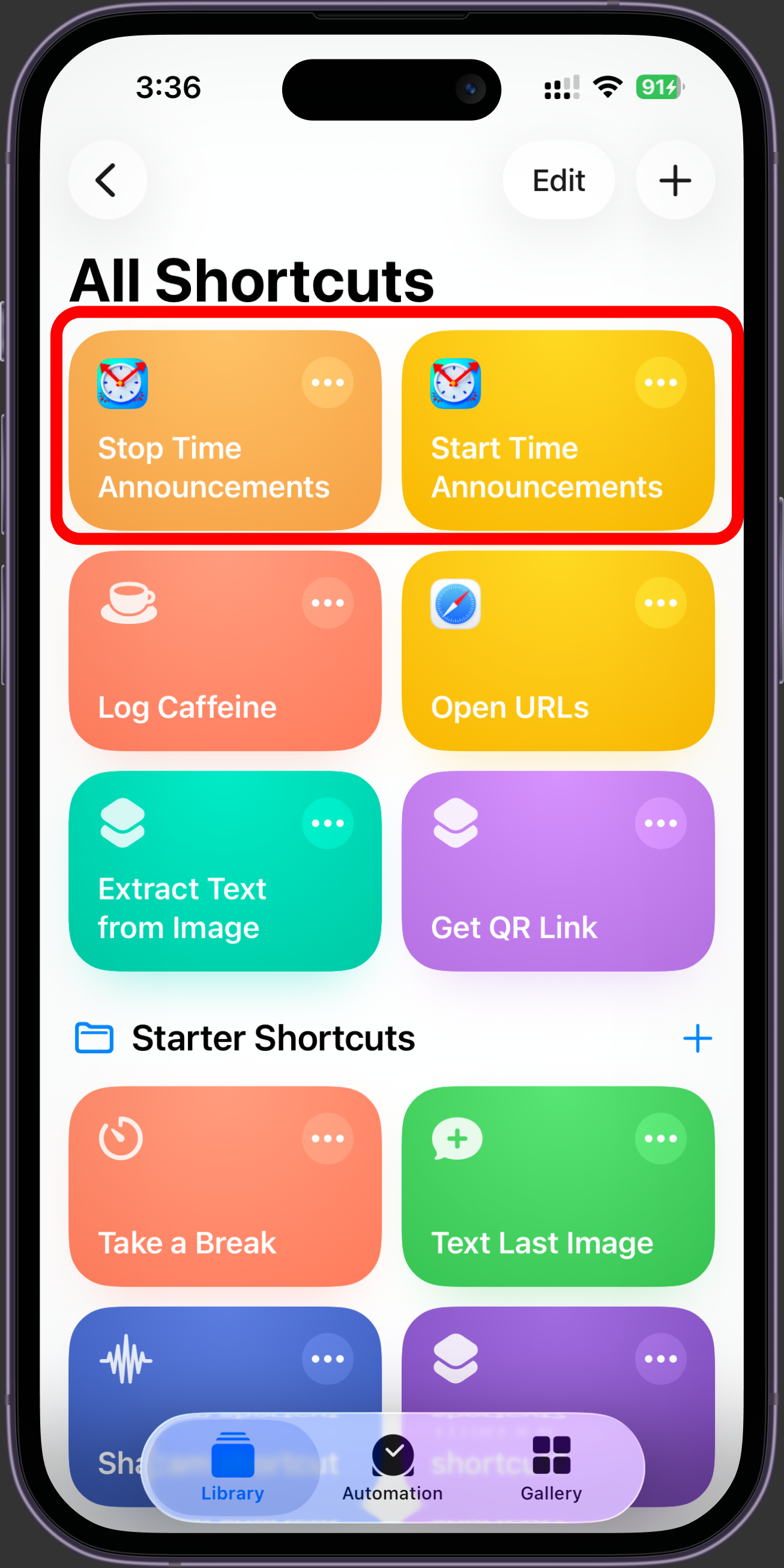 Saved Start Time Announcements and Stop Time Announcements shortcuts in Library.
